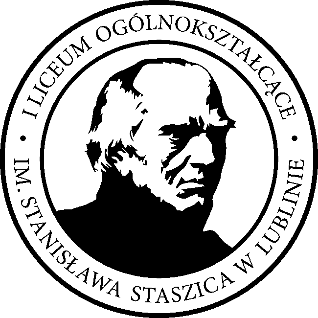 Grafika przedstawia logo w formie okrągłej pieczęci, której centralnym elementem jest czarno-biała sylwetka głowy i ramion mężczyzny – przedstawienie Stanisława Staszica. Szczegóły obrazu: Kształt ogólny: Logo ma formę okręgu. Na jego obrzeżu znajduje się pas z napisem. Wewnątrz okręgu: Umieszczona jest stylizowana, czarno-biała grafika popiersia Stanisława Staszica. Jego twarz jest zwrócona w lewą stronę (czyli w prawą stronę dla widza). Postać ukazana jest w silnym kontraście czerni i bieli, co nadaje grafice charakterystyczny, niemal rzeźbiarski styl. Rysy twarzy są surowe, poważne, z widocznymi zmarszczkami i silnie zaznaczoną kością policzkową. Włosy są krótkie i przerzedzone, układają się gładko na głowie. Ubranie jest ciemne, zarysowany jedynie kołnierz. Napisy: Na otaczającym głowę pasie (czyli na obwodzie logo) widnieje napis wykonany wielkimi literami: Górna część okręgu: „I LICEUM OGÓLNOKSZTAŁCĄCE” Dolna część okręgu: „IM. STANISŁAWA STASZICA W LUBLINIE” Między początkiem i końcem napisu po obu bokach znajdują się małe, czarne kropki oddzielające tekst. Ogólny charakter: Grafika jest czarno-biała, bez kolorów, utrzymana w stylu minimalistycznym, kontrastowym, przywodzącym na myśl stempel lub pieczęć urzędową. Tło jest przezroczyste (co sugeruje użycie w materiałach cyfrowych lub do nadruku na różnych tłach). Znaczenie: Logo reprezentuje I Liceum Ogólnokształcące imienia Stanisława Staszica w Lublinie, szkołę średnią noszącą imię znanego polskiego filozofa, publicysty i działacza oświeceniowego. Obraz Staszica jest tu centralnym elementem tożsamości wizualnej szkoły.