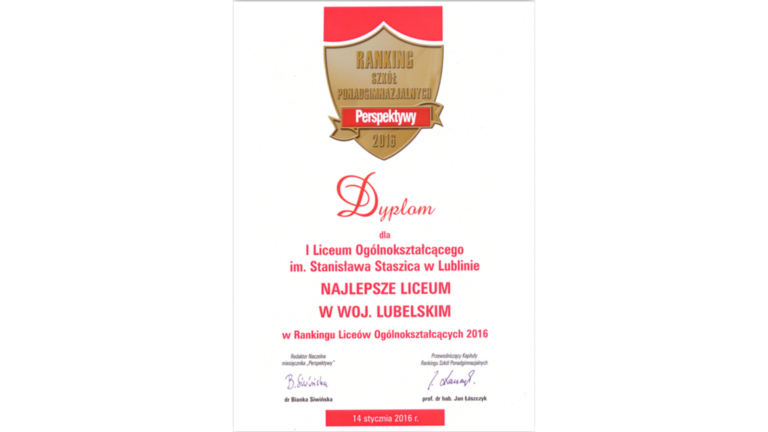 Dyplom - Najlepsze liceum w woj. Lubelskim 2016