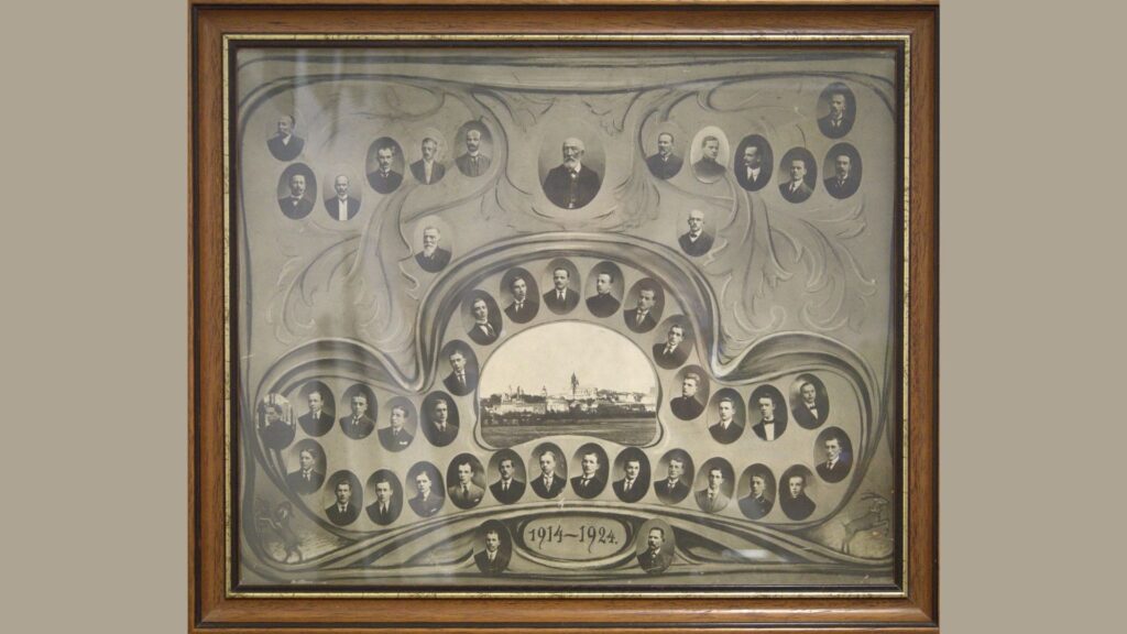 Kompozycja o charakterze symetrycznym, z portretami rozmieszczonymi po łukach ozdobnych linii i spiralnych ornamentach. W centrum panorama miasta – widok na Lublin. Na górze środkowy portret starszego mężczyzny z brodą, otoczony innymi owalnymi fotografiami. Na dole napis „1914–1924”. Drewniana rama.