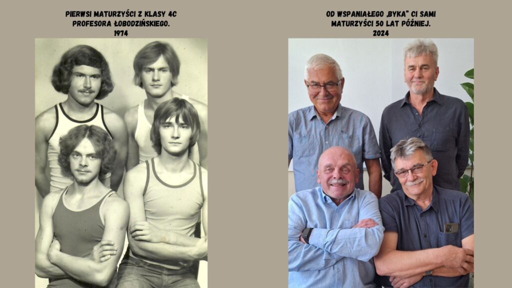 Plansza podzielona pionowo na dwie części. Po lewej stronie czarno-biała fotografia czterech młodych mężczyzn w podkoszulkach – podpis: „Pierwsi maturzyści z klasy 4C profesora Łobodzińskiego. 1974”. Po prawej stronie – kolorowe zdjęcie tych samych mężczyzn po 50 latach, już jako seniorzy, uśmiechnięci, elegancko ubrani – podpis: „Od wspaniałego ‘Byka’ ci sami maturzyści 50 lat później. 2024”.