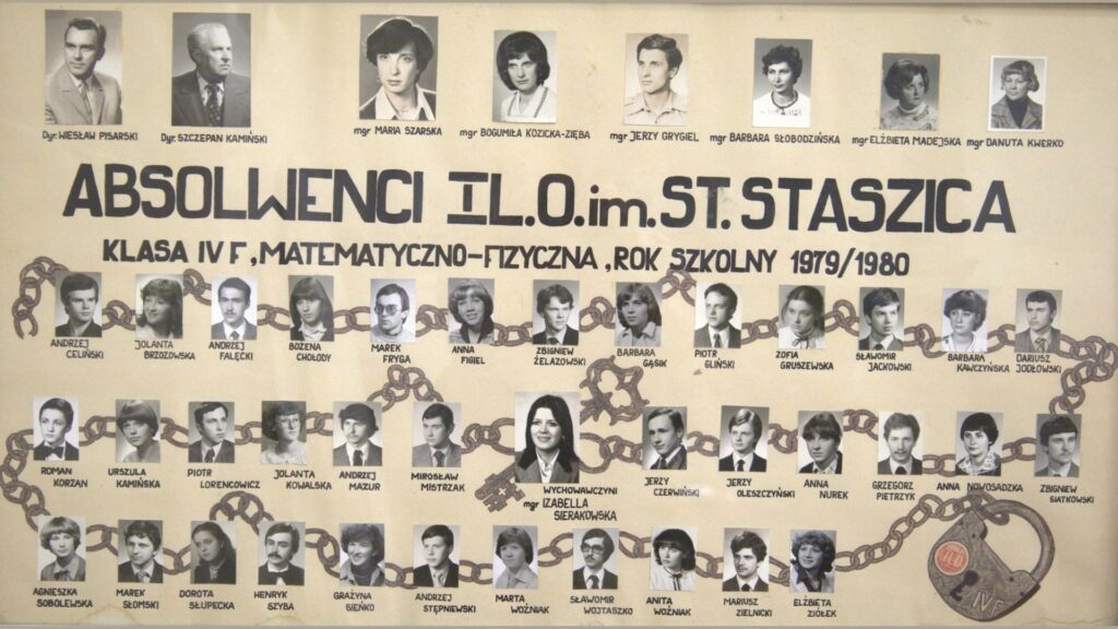 Plansza z łańcuchem jako motywem graficznym. Na środku tytuł: „Absolwenci I L.O. im. St. Staszica – klasa IV F, matematyczno-fizyczna, rok szkolny 1979/1980”. Na górze portrety kadry: dyrektor, wychowawcy i nauczyciele. W centrum – portrety uczniów rozmieszczone na tle łańcucha, symbolicznie łączącego ich razem. Na samym dole – rysunek kłódki z napisem „IV F”. Każde zdjęcie podpisane imieniem i nazwiskiem.