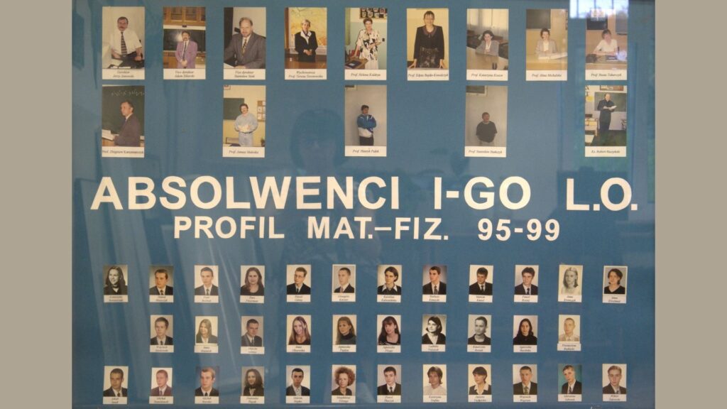 Tło planszy jest w kolorze niebieskim, a litery w białym, dużym kroju: „ABSOLWENCI I-GO L.O. PROFIL MAT-FIZ. 95–99” Górna część: zdjęcia nauczycieli i dyrekcji w dwóch rzędach, kolorowe, podpisane imieniem, nazwiskiem i funkcją. Widoczni nauczyciele siedzą lub stoją przy biurkach, tablicach. Dolna część: zdjęcia uczniów – 35 prostokątnych ramek w pięciu rzędach. Przewaga zdjęć kolorowych. Każda fotografia podpisana imieniem i nazwiskiem.