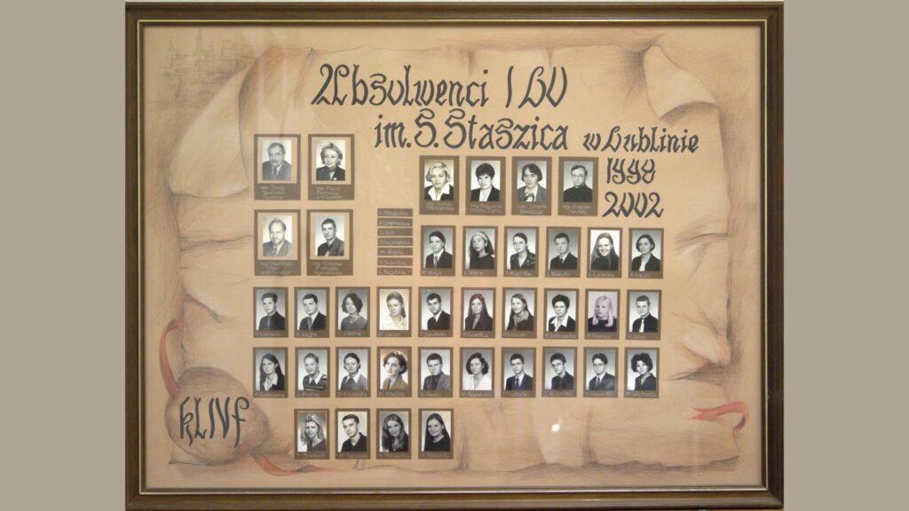 Plansza w ciepłych, sepiowych odcieniach, tło przypomina zmięty pergamin. W centrum – abstrakcyjny rysunek przedstawiający duże uszy, pióra i wijące się linie. Na górze – portrety nauczycieli. Niżej – zdjęcia uczniów, w ramkach, podpisane. W sumie ponad 30 osób. W lewym dolnym rogu ozdobna etykieta z napisem kl. IVf.