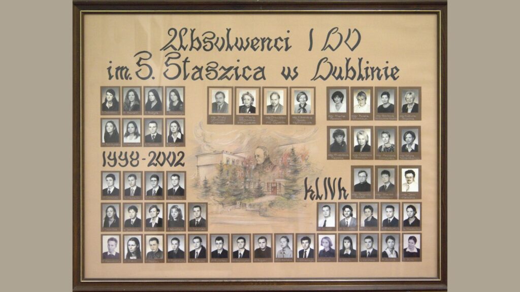 Beżowa plansza z kolorowym rysunkiem szkoły na tle lasu. W centrum – duży szkic przedstawiający gmach szkoły z popiersiem Stanisława Staszica. Na górze i bokach – zdjęcia nauczycieli. Zdjęcia uczniów rozlokowane po obu stronach i na dole, podpisane. W prawym dolnym rogu podpis: kl. IVh.