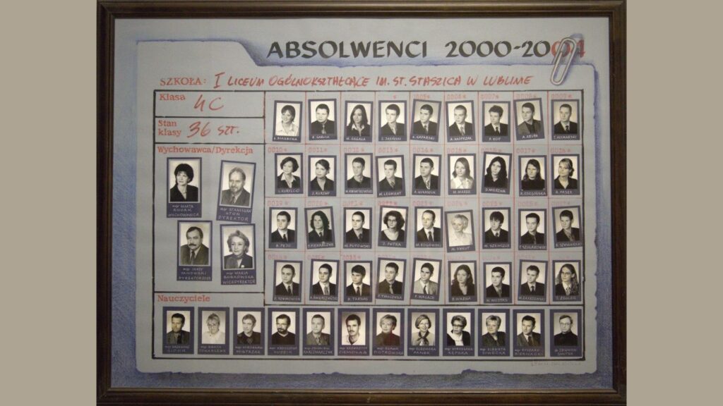 Plansza przypomina zeszyt szkolny – tło białe z niebieską ramką przypominającą wyrwaną kartkę. U góry czerwony napis: „ABSOLWENCI 2000–2004” W lewym górnym rogu w tabeli: nazwa szkoły, klasy, stan klasy („36 osób”). Poniżej – dwa prostokątne bloki. Z lewej – zdjęcia nauczycieli i wychowawców. Z prawej – zdjęcia uczniów ułożone w siatkę (6 rzędów po 6 osób). Zdjęcia podpisane, czarno-białe, w ramkach z numerami identyfikacyjnymi przypominającymi legitymacje.