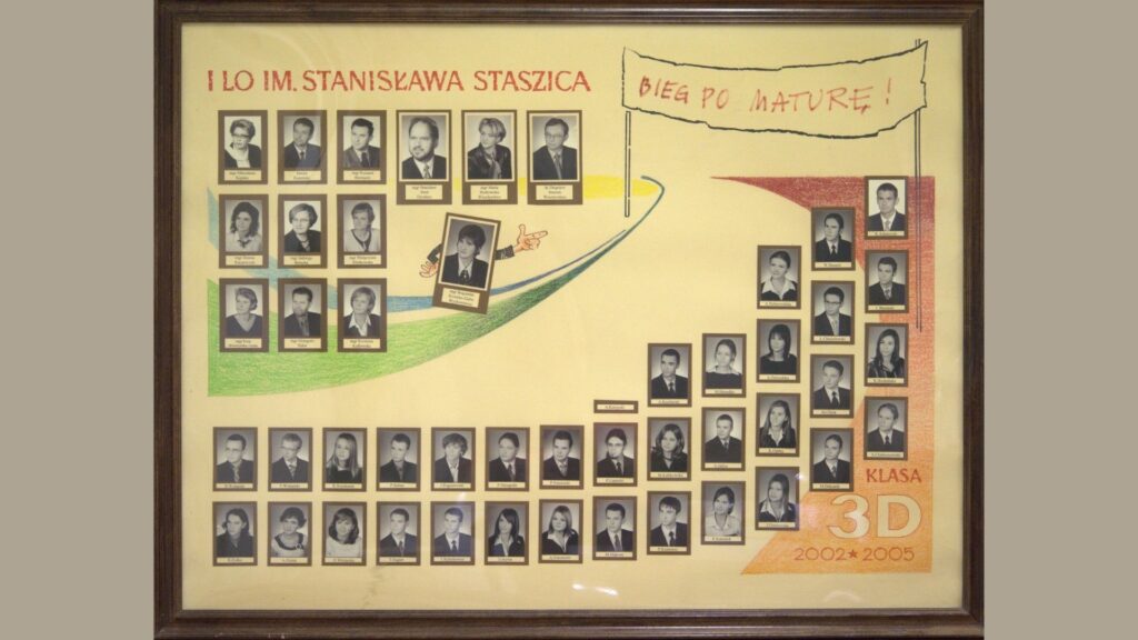 Tło w kolorze kremowym z kolorową ilustracją toru wyścigowego, przedstawiającą zielono-czerwoną trasę. Na końcu trasy znajduje się napis na proporcu: „Bieg po maturę!”. Zdjęcia uczniów rozmieszczone są na trasie – wzdłuż toru. W centrum znajduje się zdjęcie ucznia w ramce z narysowaną ręką wskazującą w bok. Na górze – zdjęcia kadry pedagogicznej. W dolnym prawym rogu podpis: „Klasa 3D, 2002–2005”.