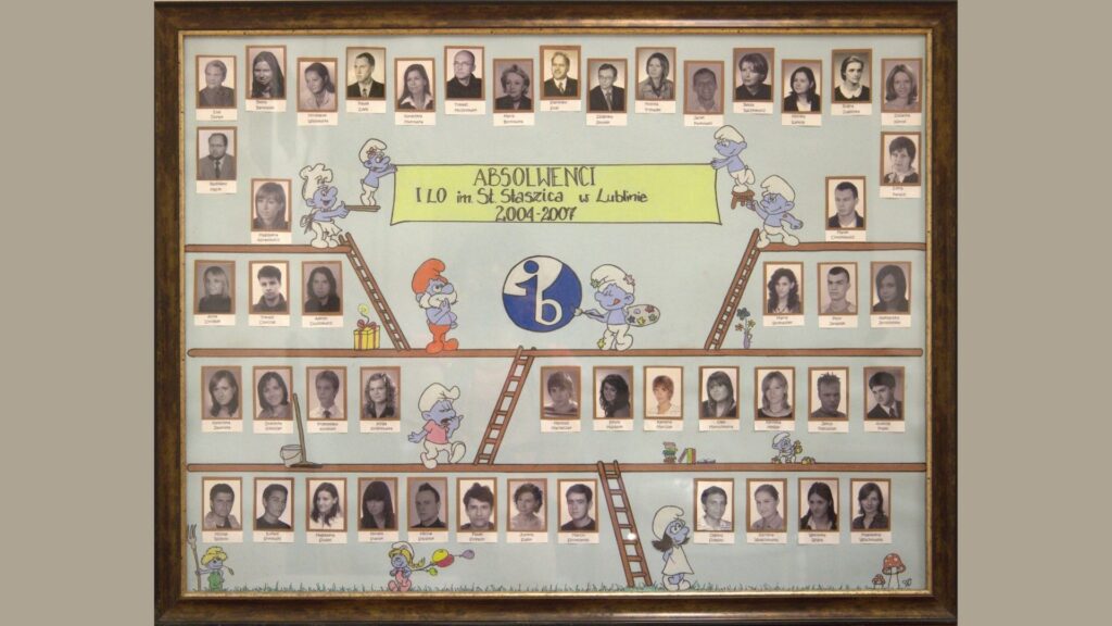 Tablica ma jasnoniebieskie tło, na którym przedstawiono postacie Smerfów – bohaterów bajki. Smerfy wspinają się po drabinach, malują, rozdają prezenty. Pośrodku znajduje się symbol programu IB (International Baccalaureate) – biała litera „i” i „b” na niebieskim tle. Centralny napis: „ABSOLWENCI I LO im. St. Staszica w Lublinie 2004–2007”. Układ: Na tablicy rozmieszczone są rzędy zdjęć uczniów i nauczycieli – każdy portret w ramce. Górny rząd to nauczyciele, z podpisanymi imionami i nazwiskami. Środkowe i dolne rzędy to uczniowie, łącznie około 45 osób. Zdjęcia czarno-białe. Smerfy zostały rozmieszczone w różnych miejscach – tworzą bajkową kompozycję, urozmaicającą przestrzeń.