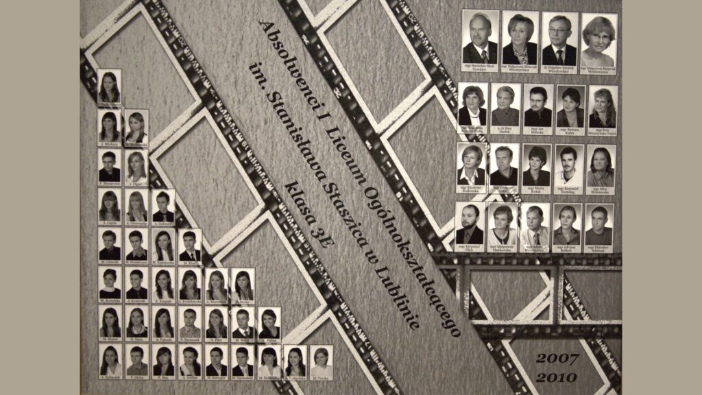 Opis ogólny: Tło stylizowane na taśmę filmową – biało-czarne kadry ułożone po skosie na szarym tle przypominającym powierzchnię betonu lub ściany. Układ: Nauczyciele w prostokątnych ramkach po prawej stronie – 3 poziome rzędy. Uczniowie umieszczeni wzdłuż taśmy filmowej – zdjęcia ułożone nieregularnie, tworząc efekt schodkowy, w sumie ponad 30 uczniów.