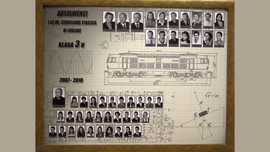 Opis ogólny: Tło przypomina kartkę papieru milimetrowego z projektami technicznymi. Centralnie umieszczony duży rysunek techniczny lokomotywy PKP typu ET22-003. Widoczne są także wykres sinusoidalny oraz rysunki sił fizycznych. Układ: Góra: nauczyciele w prostokątnych ramkach, podpisani imieniem i nazwiskiem. Uczniowie – dwa rzędy portretów na dole, wpisane w rysunki techniczne. Całość symetryczna, czarno-białe zdjęcia.