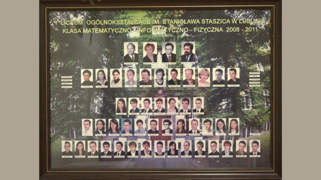 Opis ogólny: Tło to realistyczne zdjęcie alejki szkolnej wśród drzew – szeroka perspektywa, dająca głębię. Na samym środku – wejście do szkoły. Układ: Nauczyciele w dwóch rzędach u góry. Uczniowie w trzech rzędach na tle szkoły i drzew. Zdjęcia o jednolitej stylistyce, podpisy imienne.