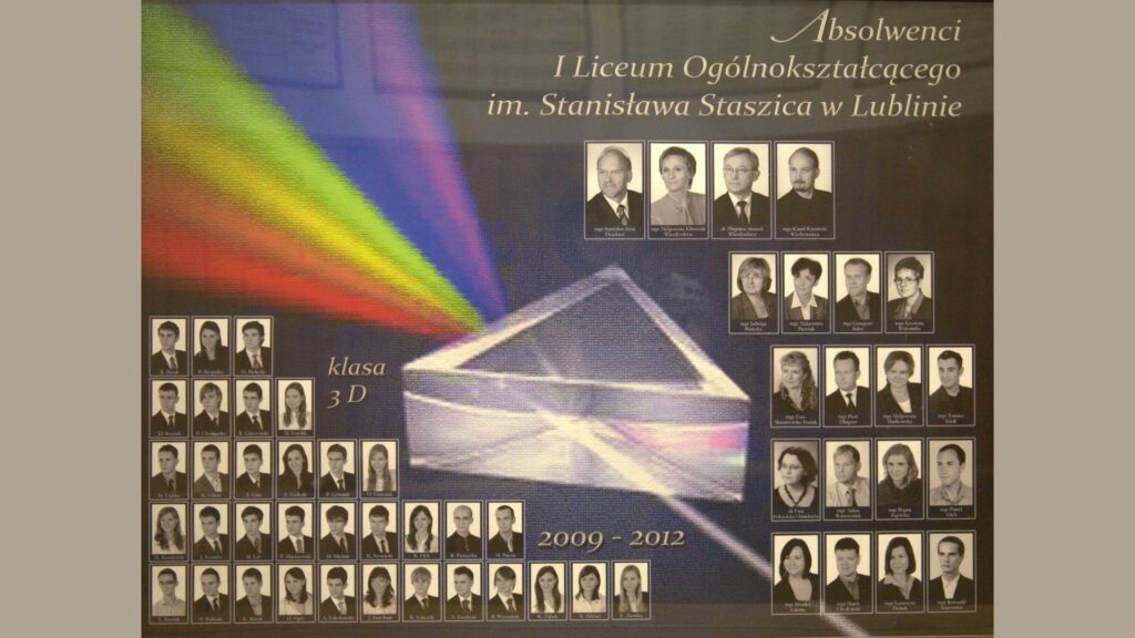 Opis tła: Tło przedstawia trójkątny, przezroczysty pryzmat, przez który przechodzi białe światło. Po załamaniu w pryzmacie światło rozszczepia się w widmo barw: czerwony, pomarańczowy, żółty, zielony i niebieski – symbolizując zjawisko dyspersji światła. Układ zdjęć: Prawy górny róg: dyrekcja i nauczyciele w trzech rzędach – czarno-białe zdjęcia. Lewa i dolna część tablicy: 40 portretów uczniów, ułożonych w kolumnach i rzędach. Uczniowie podpisani imieniem i nazwiskiem. Ubrani w ciemne marynarki, białe koszule.