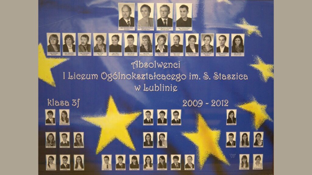 Opis tła: Tło w głębokim niebieskim kolorze z dużymi, żółtymi, nieregularnymi gwiazdami przypominającymi flagę Unii Europejskiej. Układ zdjęć: Góra: zdjęcia kadry nauczycielskiej, wszystkie czarno-białe. Środek i dół: portrety uczniów rozmieszczone w rzędach wśród gwiazd. Łącznie ponad 30 uczniów. Każde zdjęcie podpisane imieniem i nazwiskiem.