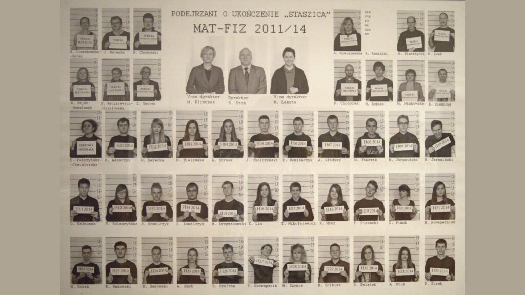 Opis tła: Czarno-białe zdjęcie stylizowane na „mugshoty” – zdjęcia policyjne. Uczniowie i nauczyciele stoją na tle tablicy z oznaczeniami wzrostu (w stopach). Każda osoba trzyma tabliczkę z oznaczeniem sekcji lub napisem „H01 2014”, „H02 2014” itd. Układ zdjęć: Góra: dyrekcja i nauczyciele z podpisami ich specjalizacji. Dół: uczniowie w sześciu rzędach. Tabliczka z numerem klasy i rokiem ukończenia trzymana przed sobą. Uczniowie uśmiechnięci, pozują w zabawnych pozach. Styl żartobliwy, nieformalny.