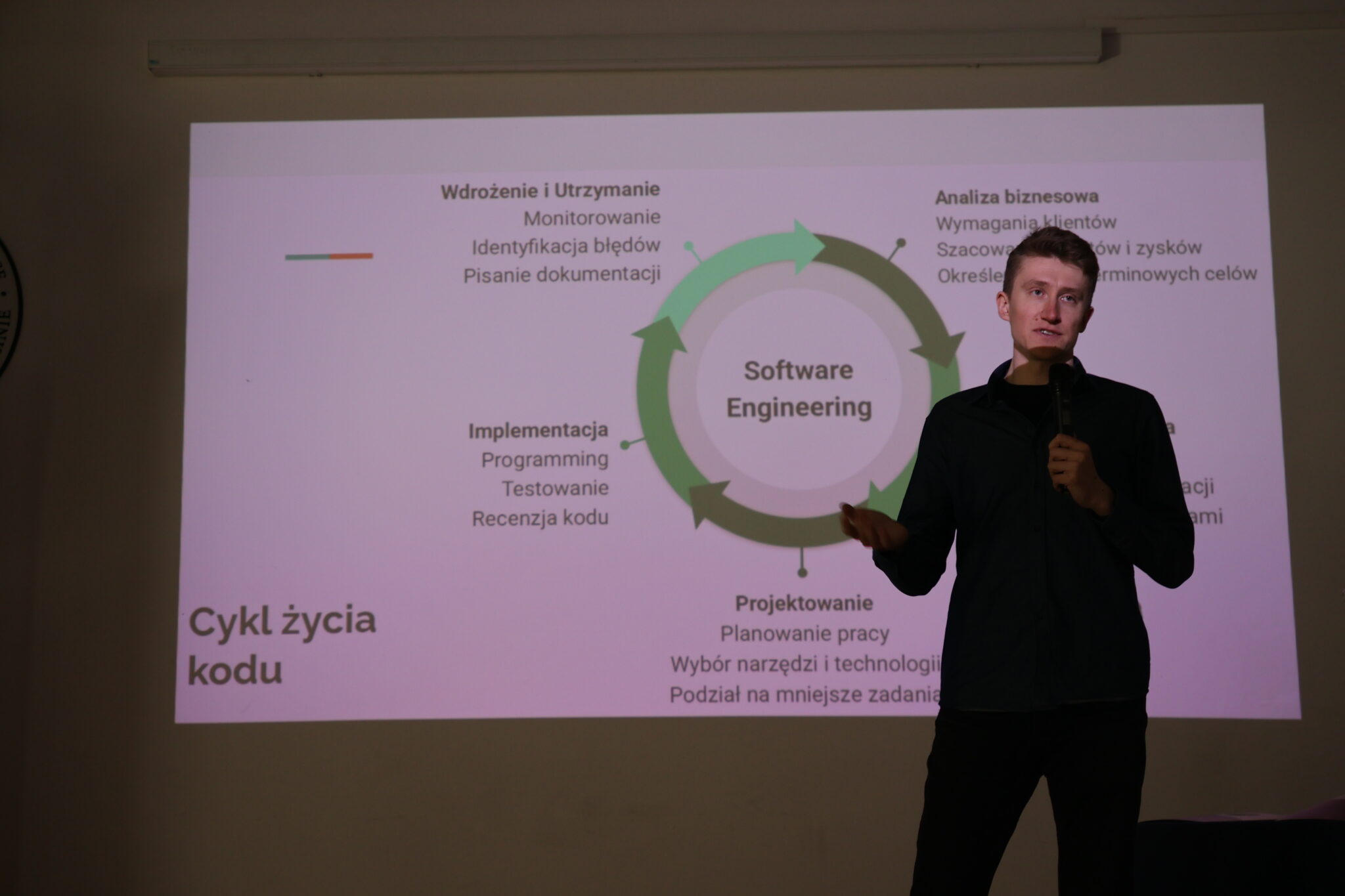 Na zdjęciu widoczny jest młody prelegent o jasnej cerze i blond włosach, ubrany w ciemną koszulę. Stoi po prawej stronie ekranu i mówi do mikrofonu. Za nim wyświetlony jest slajd z diagramem w formie koła zatytułowanym „Software Engineering”. Diagram ilustruje cykl życia kodu (etapy takie jak analiza biznesowa, projektowanie, implementacja, wdrożenie i utrzymanie) i zawiera tekst w języku polskim np. „Planowanie pracy”, „Pisanie dokumentacji”, „Recenzja kodu”.