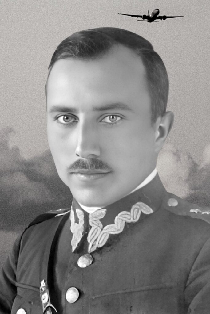 Czarno-biała fotografia portretowa przedstawia młodego mężczyznę w mundurze oficerskim Wojska Polskiego z okresu międzywojennego. Mężczyzna ma krótko przycięte, ciemne włosy, starannie przystrzyżony wąs i jasne oczy. Mundur zdobią dystynkcje oficerskie oraz ozdobne liściaste hafty na kołnierzu. W tle zdjęcia widoczna jest stylizowana kompozycja: chmury oraz lecący samolot, co może symbolicznie nawiązywać do lotnictwa lub służby wojskowej. Twarz mężczyzny jest spokojna, a spojrzenie skupione i dumne.