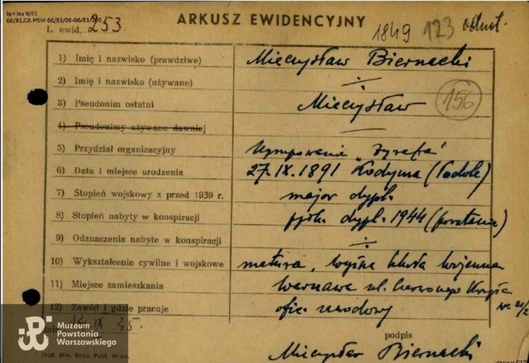 Zdjęcie dokumentu – arkusza ewidencyjnego sporządzonego przez struktury konspiracyjne z czasów II wojny światowej. Widoczne rubryki z danymi osobowymi, wypełnione ręcznie. Imię i nazwisko: Mieczysław Biernacki, pseudonim „Żyrafa”, urodzony 27.09.1891 w Równem. Widoczne informacje o stopniach wojskowych, miejscu zamieszkania oraz podpis.