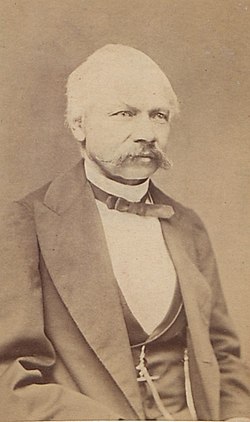 Fotografia przedstawia mężczyznę w średnim lub starszym wieku, siedzącego i patrzącego lekko w prawo (z perspektywy osoby oglądającej zdjęcie). Zdjęcie jest wykonane w technice sepii, czyli w odcieniach brązu, co nadaje mu historyczny, XIX-wieczny charakter. Wygląd mężczyzny: Ma jasne włosy – prawdopodobnie siwe lub bardzo jasny blond, krótko ostrzyżone po bokach i nieco bujniejsze u góry. Posiada charakterystyczny, gęsty wąs, który zakręca się nieco w dół na końcach. Twarz mężczyzny ma wyraz zdecydowania, poważny wyraz oczu, lekko zmarszczone brwi. Jego cera wydaje się jasna. Ubranie: Mężczyzna ubrany jest bardzo elegancko, formalnie, w stylu XIX-wiecznym: Na sobie ma ciemny surdut (długi, elegancki żakiet). Pod surdutem widoczna jest biała koszula z wysokim, sztywnym kołnierzem. Na szyi zawiązana jest czarna mucha lub kokarda (z szerokimi końcami). Widoczna jest także kamizelka – jasna lub biała – zapinana na guziki. U pasa znajdują się przypięte łańcuszki zegarka kieszonkowego, biegnące łukiem po kamizelce i zaczepione do kieszeni – to typowy atrybut eleganckiego stroju męskiego z epoki. Tło i kompozycja: Tło zdjęcia jest jednolite, gładkie, bez żadnych detali – zapewne jasnobrązowe lub beżowe, co jeszcze bardziej podkreśla postać na pierwszym planie. Mężczyzna siedzi nieruchomo, z wyprostowaną sylwetką. Ręce są oparte – jedna może spoczywać na kolanie, druga na podłokietniku (niewidoczne całkowicie na zdjęciu). Zdjęcie wykonano w klasycznym stylu portretowym, centralnie kadrując postać od pasa w górę. Dodatkowe informacje kontekstowe (jeśli potrzebne): Styl fotografii oraz strój mężczyzny wskazują, że zdjęcie mogło zostać wykonane w połowie lub drugiej połowie XIX wieku, być może około lat 1860–1880. Możliwe, że przedstawia osobę publiczną – uczonego, polityka, prawnika lub innego znaczącego przedstawiciela ówczesnego społeczeństwa.