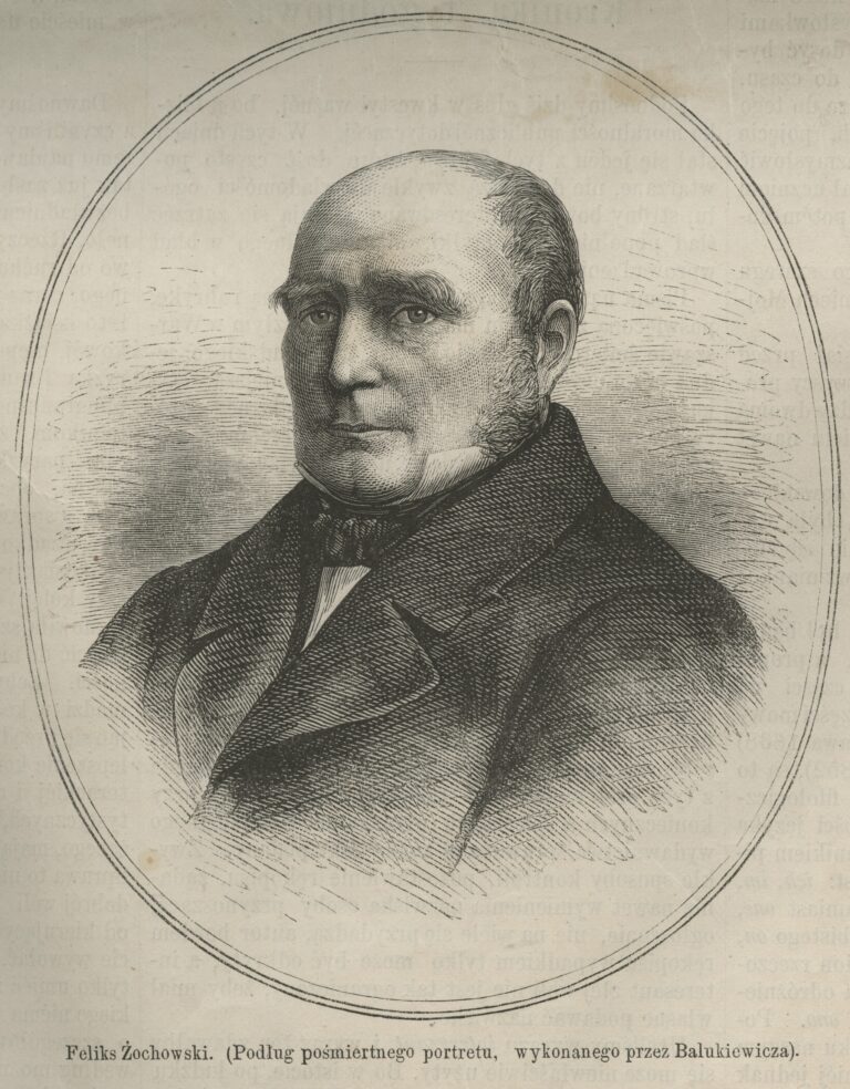 Obraz jest czarno-białą, klasyczną ryciną portretową przedstawiającą Feliksa Żochowskiego. To portret popiersiowy, wykonany na podstawie pośmiertnego portretu przez artystę o nazwisku Bałukiewicz – informacja ta znajduje się w podpisie pod ilustracją. Opis osoby na portrecie: Mężczyzna w średnim lub starszym wieku. Twarz okrągła, pełna, z wysokim czołem i gładką, łysiejącą głową – włosy widoczne jedynie po bokach. Brwi grube, lekko wygięte, oczy małe, spokojne, patrzące wprost na widza. Nos prosty, usta zamknięte, neutralny wyraz twarzy, nie uśmiecha się. Na twarzy widoczne są delikatne zmarszczki, co świadczy o dojrzałym wieku. Broda gładko ogolona, ale po bokach twarzy – wzdłuż policzków – widoczne są krótkie, starannie przystrzyżone bokobrody (zarost biegnący od uszu ku dołowi, ale bez łączenia z brodą). Ubrany w elegancki, ciemny surdut (długi, dopasowany żakiet) zapinany wysoko pod szyją. Pod nim widać białą koszulę z wysokim kołnierzykiem oraz ciemny krawat lub musznik starannie zawiązany. Całość otoczona jest owalną ramką graficzną w stylu klasycznym, jakby delikatnie ryta. W tle nie ma żadnych szczegółów – postać wyłania się z lekko cieniowanego tła. Podpis pod ilustracją (czytelny tekst): „Feliks Żochowski. (Podług pośmiertnego portretu, wykonanego przez Bałukiewicza).” Wrażenie ogólne: Portret jest wykonany z dużą starannością i dbałością o detale twarzy i stroju. Nadaje powagi i szacunku przedstawionej postaci. Styl ilustracji sugeruje XIX-wieczne pochodzenie, co pasuje do stroju i sposobu wykonania. Tło nie zawiera żadnych elementów rozpraszających uwagę – skupienie jest całkowicie na twarzy i wyrazie osoby portretowanej.