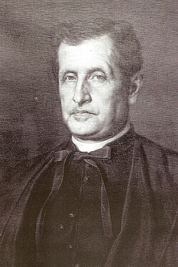 Typ obrazu: Portret w stylu klasycznym, czarno-biały (lub w odcieniach sepii), wykonany techniką graficzną lub rysunkową – przypominający litografię bądź ilustrację z XIX wieku. Opis postaci: Przedstawiony jest dorosły mężczyzna w średnim wieku, siedzący lub stojący w pozie portretowej. Mężczyzna patrzy prosto przed siebie, z powagą, spokojem i lekkim dystansem. Jego twarz jest owalna, z wyraźnie zaznaczonymi kośćmi policzkowymi, prostym nosem i szerokimi ustami. Rysy twarzy są symetryczne, wyraz spokojny, lecz nieco surowy – bez uśmiechu. Włosy: Krótkie, ciemne, zaczesane do tyłu, z wyraźnym przedziałkiem po lewej stronie głowy. Włosy lekko przerzedzone nad czołem. Oczy: Jasne, głęboko osadzone, z lekkim cieniem pod powiekami. Brwi: Proste, ciemne, średnio gęste. Cera: Jasna, z lekko widocznymi oznakami wieku – zmarszczkami w okolicach oczu i ust. Strój: Mężczyzna ubrany jest w ciemny, elegancki strój przypominający togę bądź sutannę – może to sugerować zawód duchowny, naukowy lub urzędowy (np. profesor, sędzia, duchowny wyższej rangi). Strój składa się z: Ciemnej, długiej szaty z szerokimi klapami, opadającymi symetrycznie po obu stronach. Białego kołnierzyka wystającego spod stroju – ma kształt zaokrąglonej stójki. Dekoracyjnego wiązania lub tasiemek zawiązanych pod szyją – przypominają czarną kokardę lub wstążkę. Tło: Tło portretu jest całkowicie neutralne – jednolite, w ciemnej tonacji. Nie ma żadnych dodatkowych elementów ani symboli. Celem obrazu jest skupienie uwagi wyłącznie na twarzy i sylwetce portretowanego. Wrażenie ogólne: Portret przedstawia osobę wykształconą, o wysokiej pozycji społecznej, najprawdopodobniej żyjącą w XIX wieku. Styl portretu i sposób przedstawienia są formalne i klasyczne, wskazujące na portret urzędowy, naukowy lub pamiątkowy.