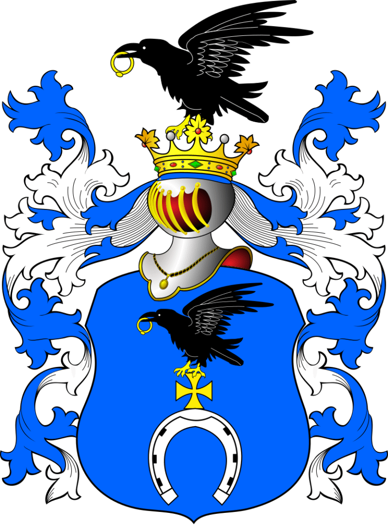 Herb przedstawia klasyczną kompozycję heraldyczną zbudowaną z tarczy, hełmu, korony, klejnotu (elementu ponad koroną), oraz ozdobnych labrów po bokach. Dominującymi kolorami są niebieski, biały, czarny i złoty. Elementy szczegółowe: 1. Tarcza herbowa: Kolor tła tarczy: intensywnie niebieski. Kształt tarczy: tradycyjny gotycki, zwężający się ku dołowi z delikatnie zaokrąglonymi bokami. Elementy w tarczy: Na środku tarczy znajduje się czarny kruk (symboliczny ptak) zwrócony w lewo (z punktu widzenia widza), czyli heraldycznie w prawo. Kruk trzyma w dziobie złoty pierścień, który błyszczy kontrastowo na tle ciemnego upierzenia ptaka. Kruk stoi jedną nogą na złotym krzyżu kawalerskim, który jest prosty, o równej długości ramionach, lekko rozchodzących się na końcach. Pod krzyżem widnieje biała podkowa, skierowana otwartą częścią ku górze. Podkowa ma czarne kropki (gwoździe), co podkreśla jej szczegółowość i autentyczność. 2. Hełm, korona i klejnot: Nad tarczą znajduje się stalowy hełm rycerski z kratownicą, ustawiony frontalnie. Na hełmie osadzona jest złota korona z czerwonymi, zielonymi i niebieskimi kamieniami szlachetnymi. Z korony wyrasta klejnot: czarny kruk w locie, zwrócony heraldycznie w prawo (czyli w lewo z punktu widzenia widza), trzymający złoty pierścień w dziobie. 3. Labry (ozdobne wstęgi po bokach hełmu): Labry są niebiesko-białe, fantazyjnie rozwiane na boki i lekko ku dołowi. Tworzą one bogaty, dekoracyjny ornament przypominający liście akantu lub falujące pióra. Znaczenie symboli: Kruk – mądrość, spryt, czujność i symbol nieustannego strzeżenia dobra rodu. Złoty pierścień – oznacza wartość, godność, zasługi, a także symbol może wskazywać na wierność i wieczność. Podkowa – szczęście, ochrona, powodzenie w życiu i na wojnie. Krzyż kawalerski – symbol odwagi, walki w obronie wiary lub wartości chrześcijańskich. Dodatkowy kontekst: Herb Ślepowron był używany przez wiele rodów szlacheckich w dawnej Rzeczypospolitej Obojga Narodów. Jest jednym z najbardziej rozpoznawalnych i estetycznie zrównoważonych herbów w polskiej heraldyce.