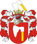 Obraz przedstawia herb szlachecki o nazwie Łodzia. Jest to stylizowany emblemat heraldyczny złożony z tarczy herbowej, hełmu rycerskiego z koroną, labrów (ozdobnych wstęg) oraz klejnotu znajdującego się nad hełmem. Elementy szczegółowe: 1. Tarcza herbowa: Kształt: Tarcza ma klasyczny kształt gotycki, zwężający się ku dołowi, z zaokrąglonymi bokami. Tło tarczy: Jest jednolite, intensywnie czerwone. Symbol w polu tarczy: W centralnej części tarczy znajduje się biała (srebrna) siekiera skierowana ostrzem w lewo (z perspektywy widza). Siekiera jest lekko stylizowana, z szerokim ostrzem i zakrzywionym trzonkiem. Trzonek siekiery jest koloru żółtego (złotego), co może symbolizować szlachetność lub boskość. 2. Hełm i korona: Na górze tarczy znajduje się srebrny hełm rycerski w stylu turniejowym, skierowany frontalnie. Hełm przykryty jest złotą koroną, co wskazuje na przynależność do wyższej warstwy szlacheckiej lub możnowładczej. 3. Klejnot nad koroną: Z korony wyrasta biała siekiera z żółtym trzonkiem, identyczna z tą, która znajduje się w tarczy. Siekiera jest ustawiona pionowo, skierowana ostrzem w lewą stronę (dla widza: w prawo). Umieszczona jest na tle czerwono-białych piór i zdobień heraldycznych. 4. Labrzy (ozdobne wstęgi): Z boków hełmu opadają dekoracyjne wstęgi (zwane labrami), które są czerwono-białe. Labry są fantazyjnie powyginane i tworzą ozdobną ramę wokół górnej części herbu. Znaczenie i kontekst: Herb ten jest tradycyjnym znakiem heraldycznym polskiej szlachty – herbem Łodzia, używanym przez wiele rodów w Rzeczypospolitej Obojga Narodów. Symbol siekiery może oznaczać siłę, władzę sądowniczą lub gotowość do walki w obronie ojczyzny i honoru. Kolory czerwony i biały (srebrny) to tradycyjne barwy narodowe Polski, natomiast złoty oznacza chwałę, bogactwo lub królewskie pochodzenie.