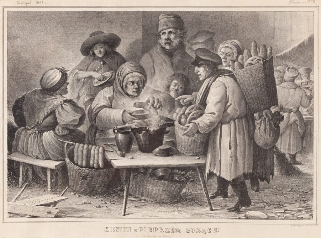 echnika: grafika czarno-biała, XIX wiek (podpis: Listopad 1841). Temat: scena targowa, sprzedaż uliczna jedzenia. Opis szczegółowy: W centrum kompozycji znajduje się starsza kobieta ubrana w grubą odzież zimową i chustę na głowie. Nalewa parujące jedzenie – najpewniej gorące kiszki (rodzaj kiełbasy) – z garnka do miski. Obok niej siedzi inna kobieta z wiązką kiszek, a wokół zgromadzili się klienci. Mężczyzna po prawej ma kosz z obwarzankami na plecach. W tle widać dziecko, starszego mężczyznę i inne postacie – wszystko dzieje się w zimowej scenerii. Para buchająca z garnka dominuje kompozycję. Nastrój: żywa scena codziennego życia miejskiego, pełna realizmu, kontaktów międzyludzkich i emocji.