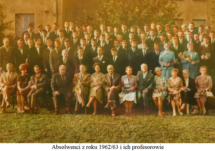 Kolorowa, lekko wyblakła fotografia przedstawiająca bardzo liczną grupę ludzi — młodych mężczyzn (absolwentów) i starszych osób (profesorów). Zdjęcie ma charakter oficjalny, pamiątkowy, wykonane na zewnątrz budynku szkolnego, w pogodny dzień.Tło i miejsceW tle widać budynek o jasnobrązowej lub piaskowej elewacji, z widocznym jednym oknem po lewej stronie.Po prawej stronie w tle rośnie duże drzewo, którego gałęzie częściowo wchodzą w kadr.Podłoże, na którym siedzi i stoi grupa, to trawnik, równy i dobrze utrzymany.Ustawienie grupyGrupa jest ustawiona w trzech głównych rzędach:Rząd pierwszy (siedzący z przodu)Składa się z około 15 osób, głównie profesorów i kilku kobiet w eleganckich, klasycznych strojach z lat 60.Stroje kobiet to sukienki lub kostiumy, często pastelowe, w odcieniach beżu, szarości i jasnego błękitu.Mężczyźni w tym rzędzie noszą garnitury w kolorach szarości, brązu i granatu.Wszyscy siedzą na krzesłach ustawionych w linii prostej.Postacie są ustawione gęsto, niektóre osoby trzymają dłonie na kolanach, inne łączą dłonie przed sobą.Widzimy różnorodność wieku — przeważają osoby starsze, w wieku 50–70 lat.Kobiety mają krótkie, starannie ułożone fryzury, typowe dla początku lat 60.Jedna z kobiet (po prawej stronie) trzyma bukiet kwiatów.Rząd drugi (stojący za pierwszym)Składa się głównie z młodych mężczyzn, absolwentów, w wieku około 19–20 lat.Ustawieni są równo, tworzą prostą linię.Wszyscy ubrani w garnitury, większość ciemnych: czarne, granatowe i ciemnoszare.Wiele osób ma białe koszule i krawaty.Twarze młodych mężczyzn w większości poważne, pozowane.Rząd trzeci (najwyższy, stojący na podwyższeniu lub trawniku za rzędem drugim)Najliczniejsza grupa — około 30–40 młodych mężczyzn.Wyżsi od pozostałych lub stoją na lekkim podwyższeniu, dzięki czemu są dobrze widoczni.Ubrani również w garnitury, stylizacje podobne do poprzedniego rzędu.Cała grupa jest symetryczna i gęsto ustawiona.Atmosfera zdjęciaOficjalna, uroczysta, a jednocześnie spokojna.Nikt się nie uśmiecha szeroko — dominują poważne, eleganckie wyrazy twarzy typowe dla portretów szkolnych z tamtych lat.Podpis pod zdjęciem„Absolwenci z roku 1962/63 i ich profesorowie”.